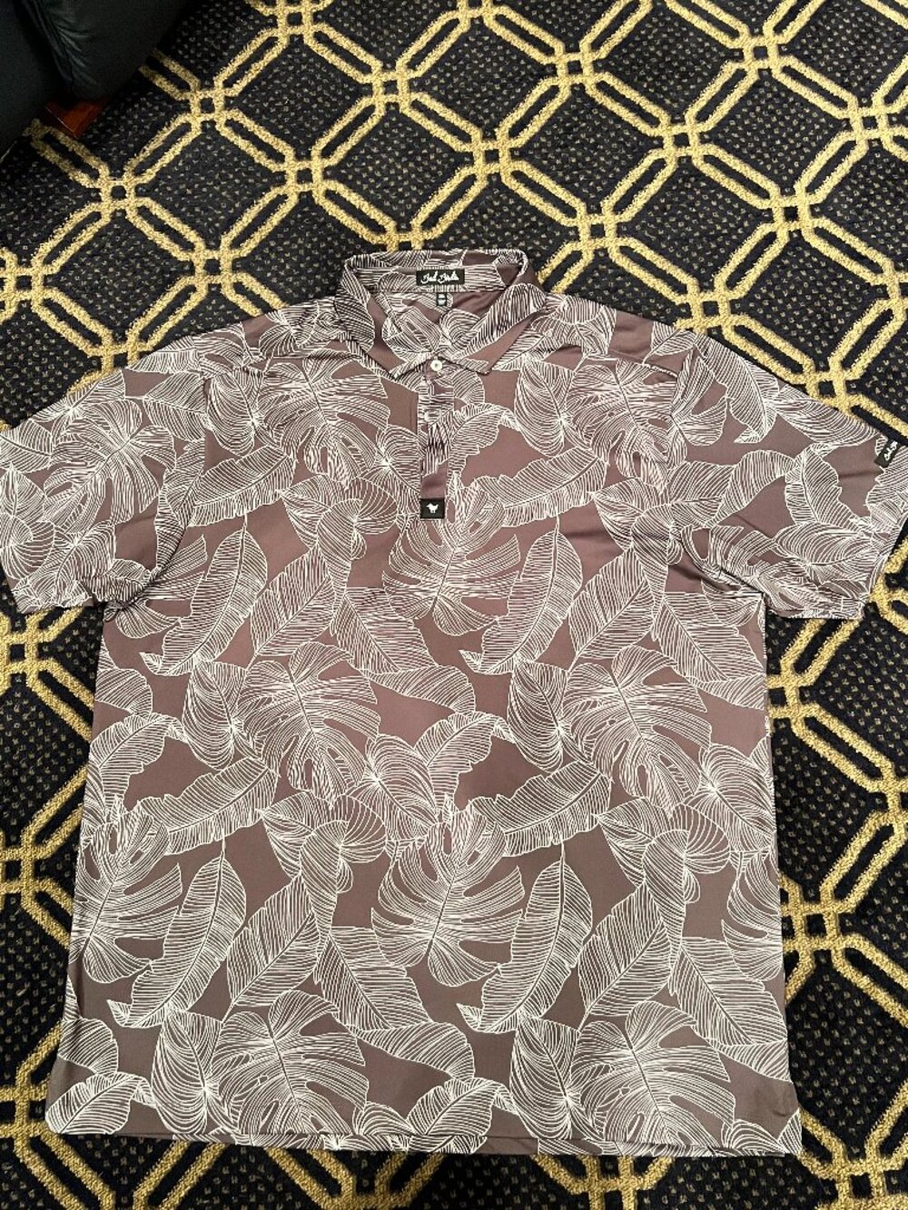 Bad Birdie Men’s 2XL Tropical Leaf Golf Polo Brown Cream Kierland Embroidered